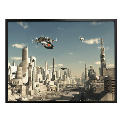 Poster - 3D Landeanflug Sci-Fi Stadt Wanddeko Spezialpapier Deko Wandbild