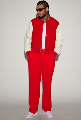 Fashion Nova Men s Varsity Jacket (Red & Cream)- Size Large