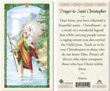 PRAYER TO SAINT CHRISTOPHER. LAMINATED HOLY CARD  5-PER ORDER.