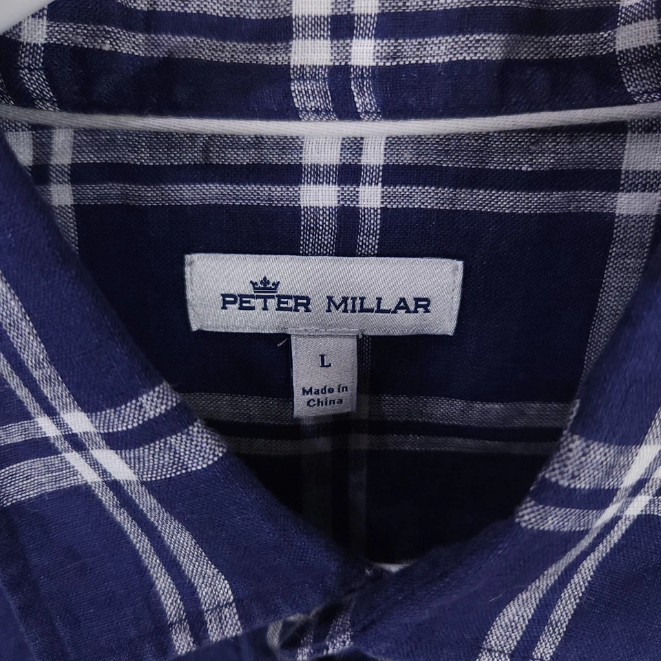 Peter Millar Shirt Men's Large Blue White Plaid Linen Button Up Long Sleeve - Image 4 of 4