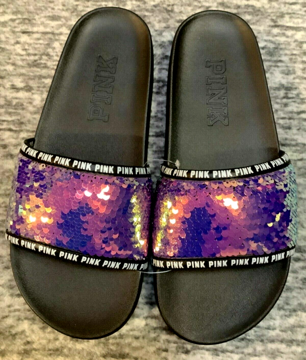 Victoria's Secret Pink Bling Purple Iridescent Sequins Slides Sandals S  NIP