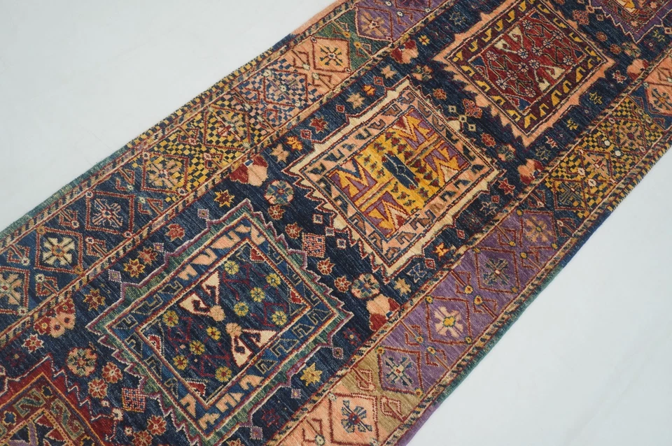 3 x 9 ft Navy Blue Samarkand Afghan Hand knotted Transitional Runner Rug - Image 3 of 4