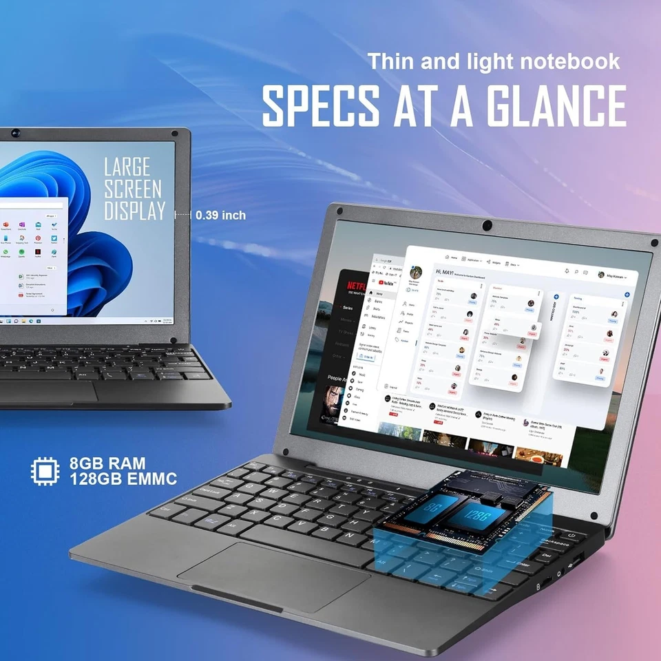 10'' Mini Laptop Windows 11 Notebook 8GB+128GB Intel Celeron Quad-Core with WiFi - Image 3 of 4