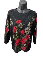 Cathy Daniels Petites PM Sweater Soft Stretch Knit Top Red Floral Print Grommets