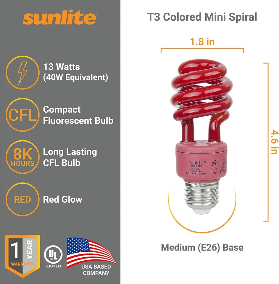 Spiral Colored Bulb, 13W, 40W, (E26) 8,000 Hour Life Span, UL Listed, Red 6 PK - Image 2 of 4