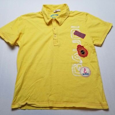 Gaudi Polo Shirt Mens M Yellow Be Happy Flowers Short Sleeve Collar O40