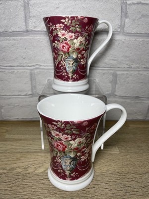 2 Laura Ashley Tapered Becher Burgundy Rose Floral Fine Bone China 2004 10,5 cm