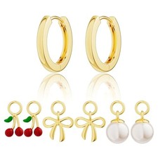 Gold Huggie Earrings with 3 Charms for Women Pearl Cherry Bow-GD