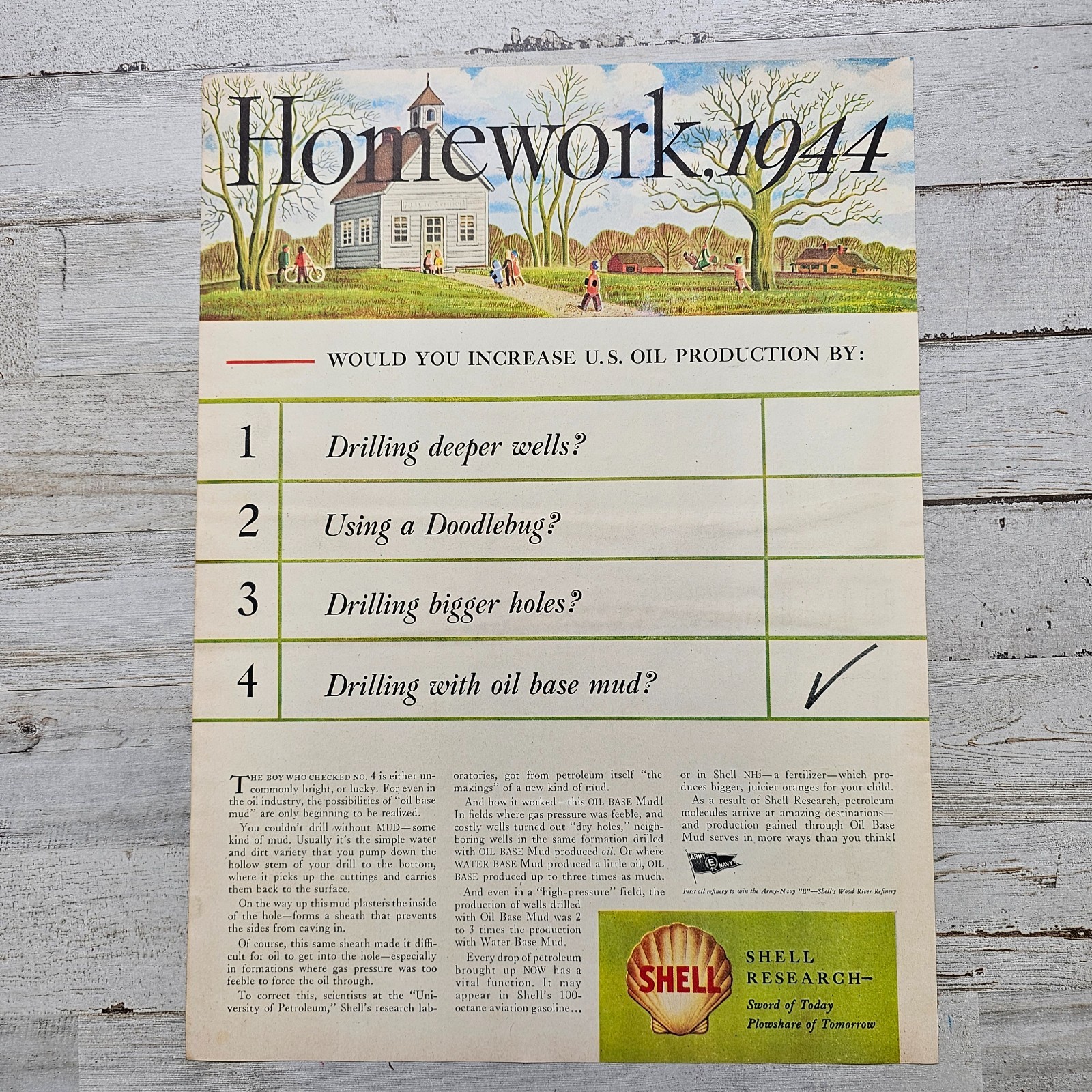 1944 Shell Oil “Homework” Magazine Ad - WWII Petroleum Research Collectible