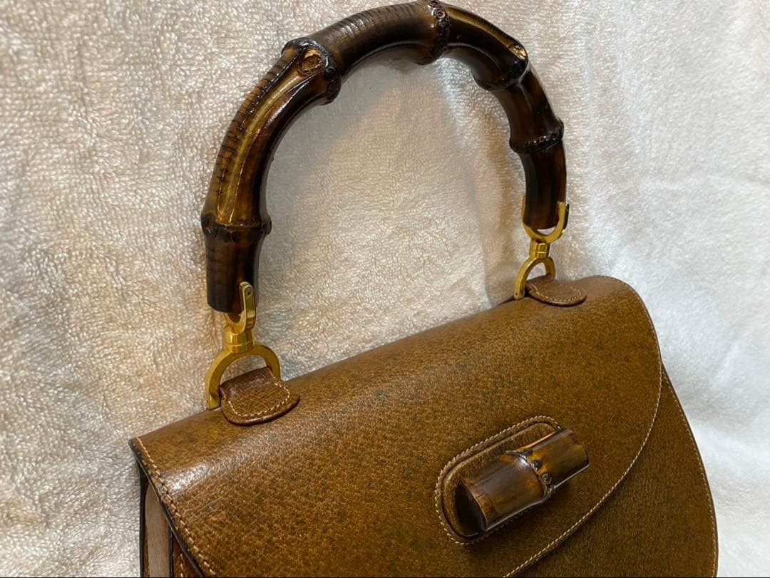 GUCCI Bamboo Top Handle Bag Brown Leather Turn Lock Vintage Authentic From Japan thumbnail 5