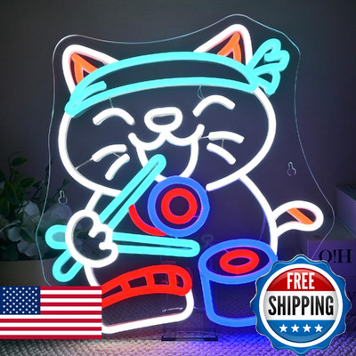 Lucky Sushi Cat Neon Light Eating Neon Sign for Ramen Restaurants White LED Sush