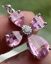 Vintage 925 Sterling Silver Cross Pendant Pink Faceted Glass solid frame PRETTY!