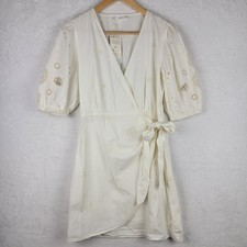 Cottagecore Women Sz 4 Wrap Mini Dress Cream V Neck Eyelets Short Balloon Sleeve