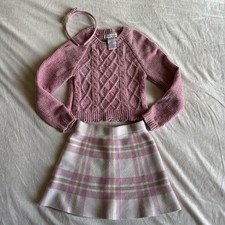 Tommy Bahama Girl's 3pcSet Pink Chenille Cable Knit Sweater,Plaid Skirt,Headband