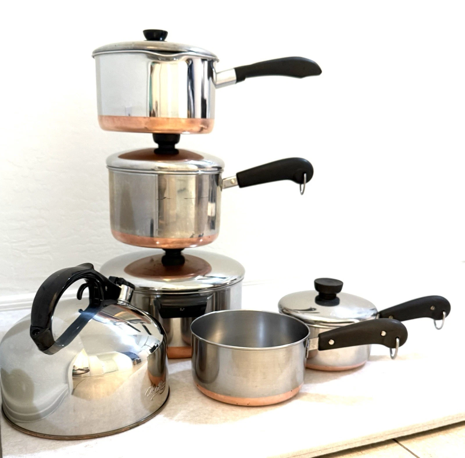 Revere Ware 10Pc Cookware Set Stainless Steel Copper Bottom Pots Pans Vintage...