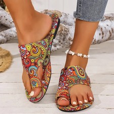 Women'S Ethnic Style Flower Pattern Slide Sandals, Casual Loop Toe Flat Size 10