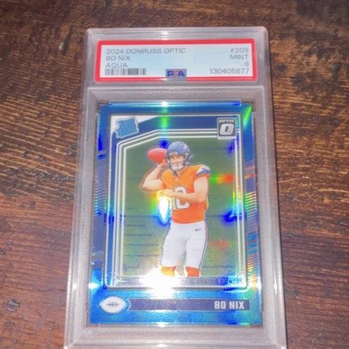 2024 Panini Donruss Optic Bo Nix #209 Aqua Prizm Rated Rookie /299 Broncos PSA 9