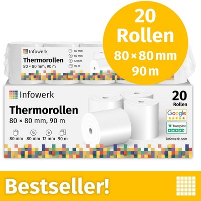 NEU: Infowerk Thermorollen 80x80x12 mm 90 m, 20 Rollen, PEFC, Epson, IBM u.v.m.
