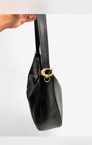 Coach New York Black Shoulder Bag Zip Closure Gold Hardware Inner Outer Pockets