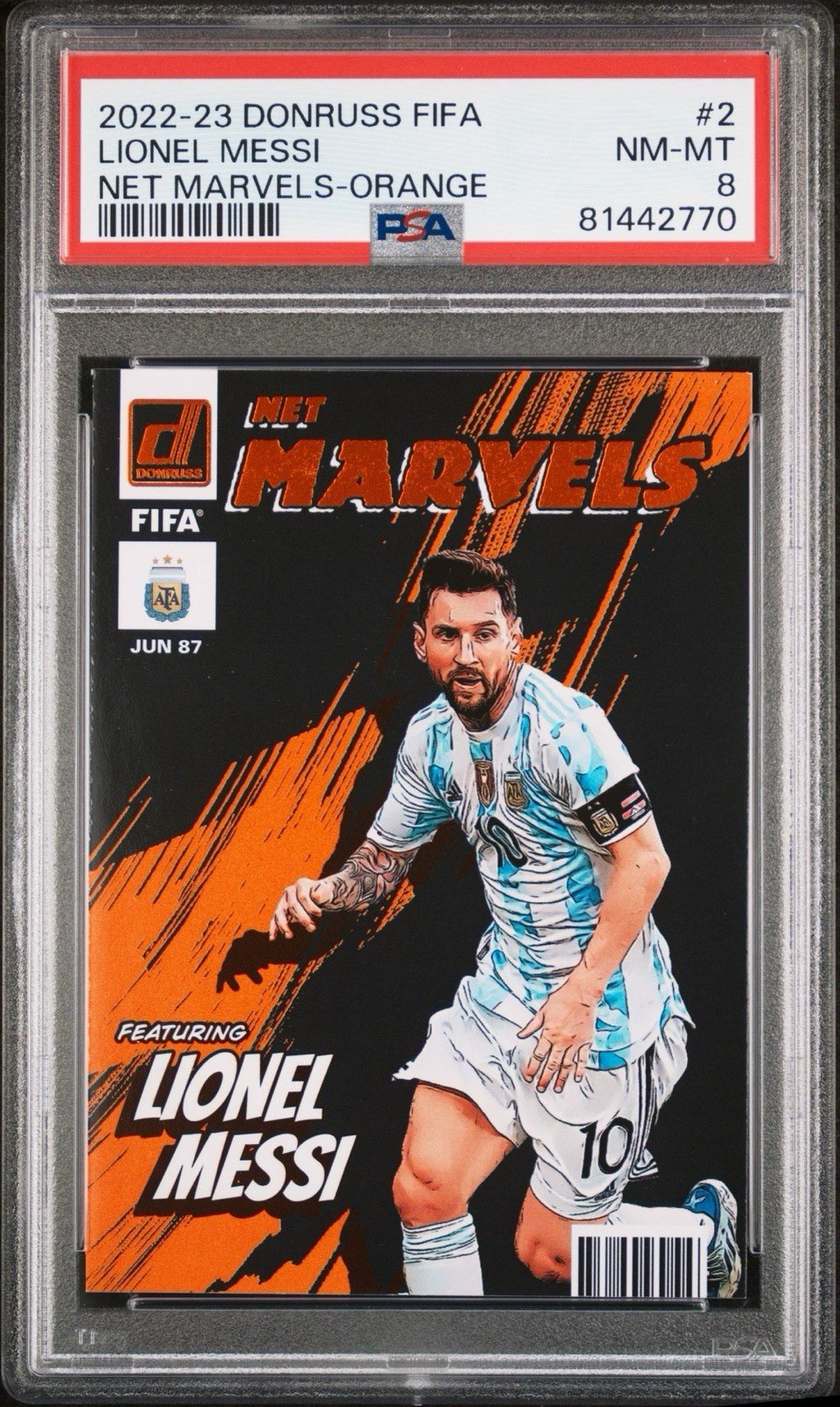 LIONEL MESSI PSA 8 2022 PANINI DONRUSS #2 NET MARVELS ORANGE MINT FIFA
