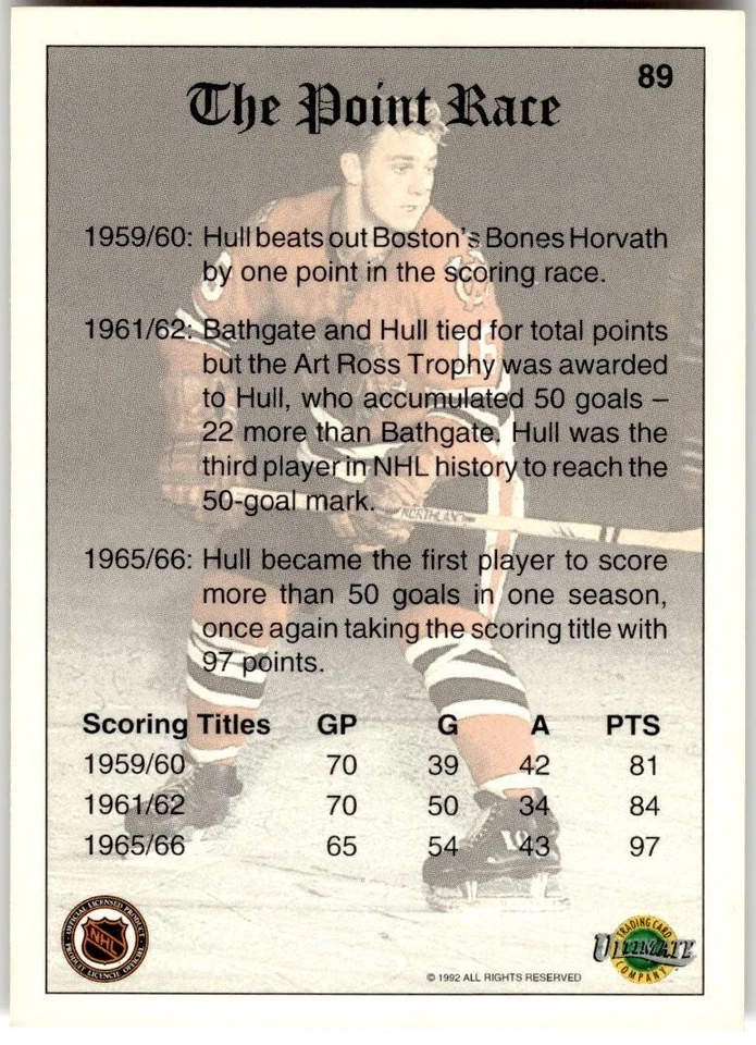 1991-92 Ultimate Original 6 #89 Bobby Hull - Image 2 of 2