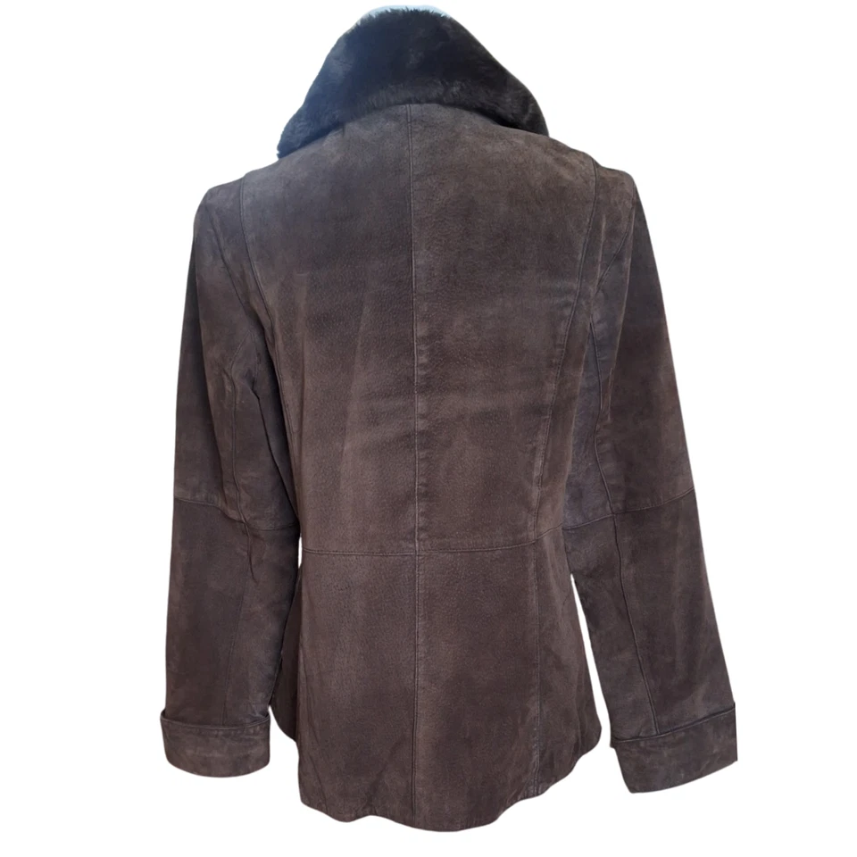 Otoño Boho Chic Chaqueta Cuello de Piel Sintética Plateado Zorro Marrón Gamuza Cuero Chaqueta Talla M Foto 3 de 4