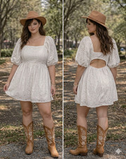 White XXL Eyelet Mini Dress Tunic Puff Sleeve Cutout Back Cotton Cottage Cowgirl