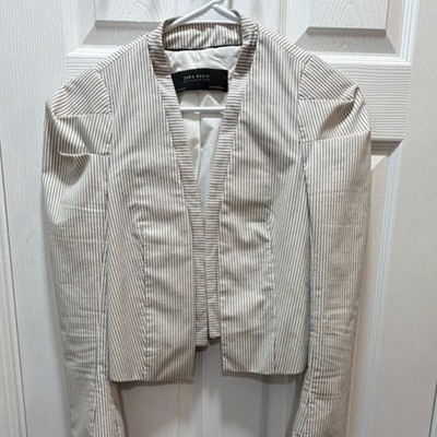 Zara Basic Collection Beige Pinstripe Cropped Blazer Women's Size S Long Sleeve