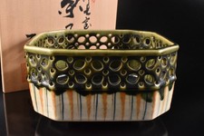 F7054: Japanese Oribe-ware Green glaze DESSERT BOWL, Furoen made w/signed box