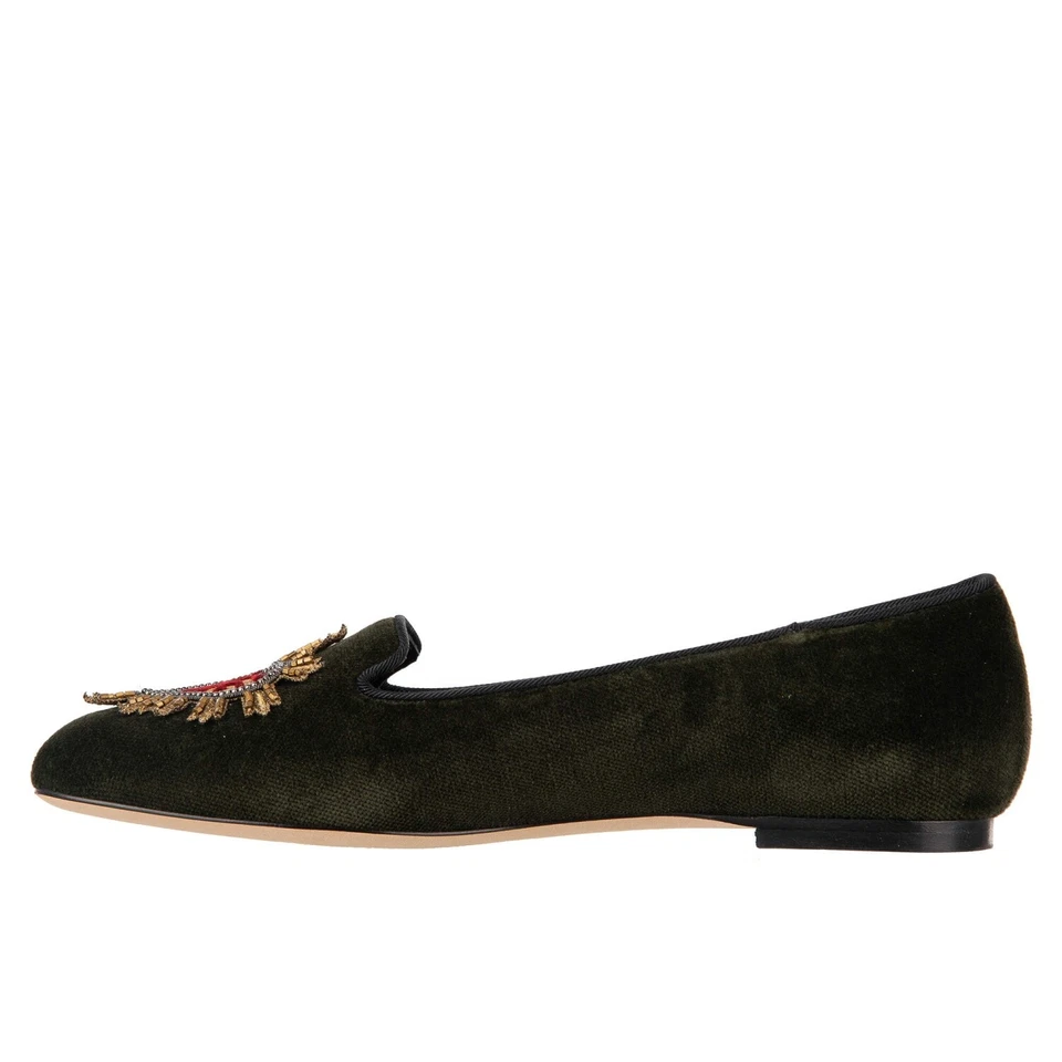 DOLCE & GABBANA Velvet Ballet Flats AUDREY Sacred Heart Embroidery Green 10021 - Image 3 of 4