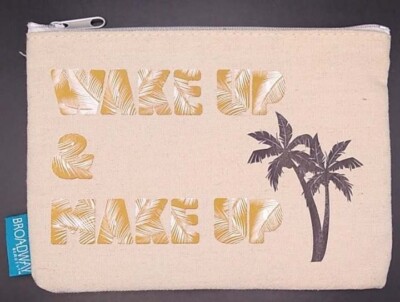 Broadway Small Travel Cosmetic Pouch ''Wake Up Make Up'' Ivory Gold Palm Tree 