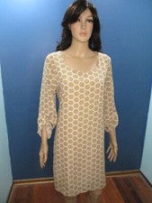 L tan and white lined HONEYCOMB print RETRO scoop neck SHEATH dress by C