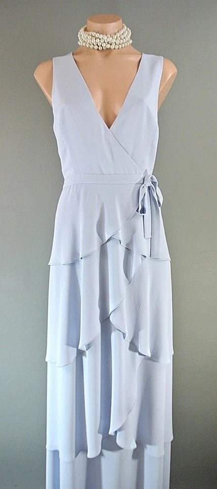 BCBG Maxi Vestido Formal Azul S Capas Largo Volantes Boda Fiesta Elegante Volantes Foto 4 de 4