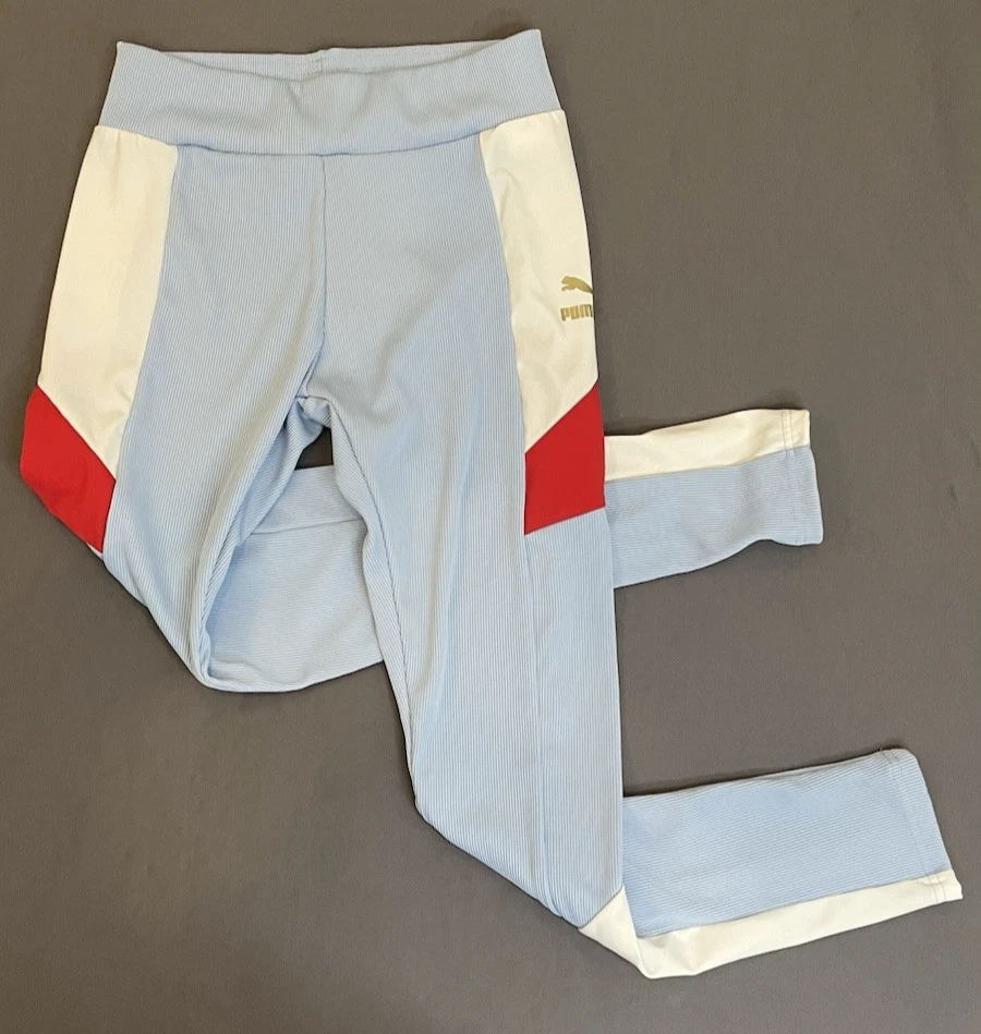 Leggings alla caviglia Puma blu retrò a costine vita media donna abbigliamento attivo elasticizzato