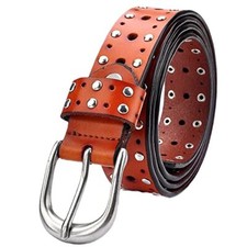Cow Leather Waist Belt Infinite-Hole Pin-Buckle Punk Rivet/Studded for Unisex