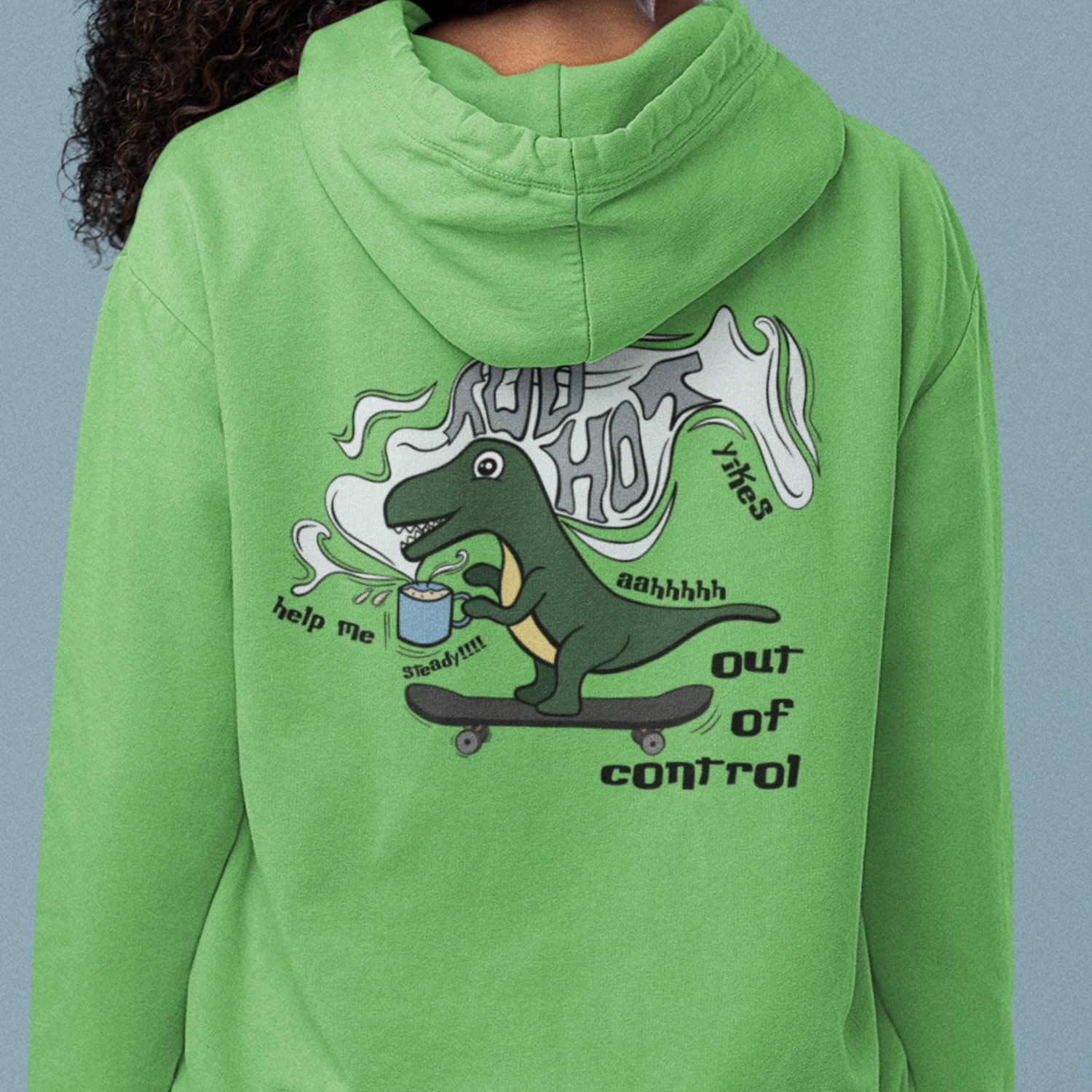Out Of Control Too Hot Lime Green Dinosaur Hoodie - Pullover Unisex Skateboard