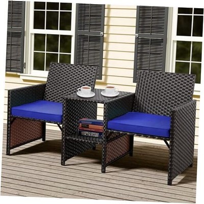  Wicker Patio Conversation Furniture Set with Detachable Chairs & Deep Blue