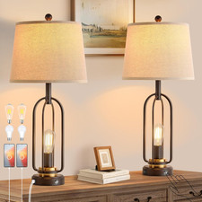 Rustic Farmhouse Table Lamps Set of 2 with USB Ports  Dimmable Bulbs