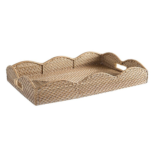 Piper Woven Scalloped Rattan Tray Taupe Decorative Serving Tray New - Picture 1 of 4