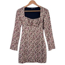 Zara Mini Dress Size XS Rose Floral Ruched Square Neck Long Sleeve Party Event