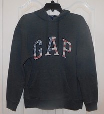 GAP GRAY M LONG SLEEVE HOODIE SWEATSHIRT USA FLAG LOGO MEN'S SIZE MEDIUM