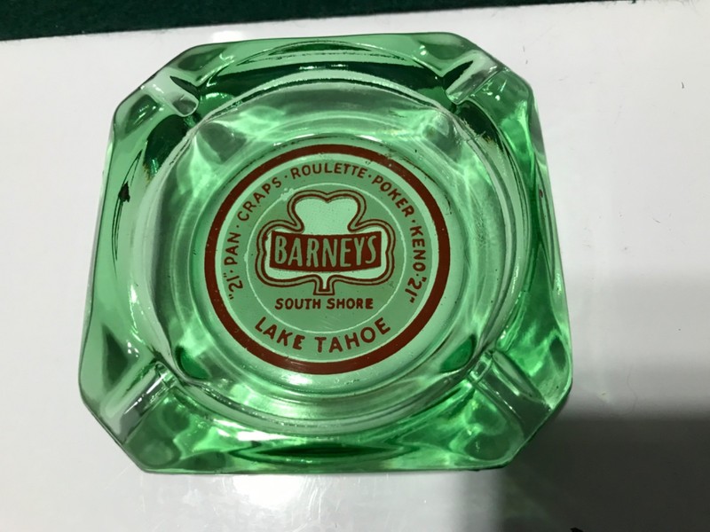 vintage Barney's green tinted glass ashtray from casino in Lake Tahoe no zip