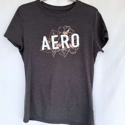 Aeropostale Classic Crew Neck Gray T-Shirt Size XL Bronze Flower Print Felt