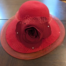Vintage 80s-90s Mr Hi's Classic Red Wool Church Derby Felt Hat Veil Flower
