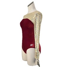 GK Elite VTG Gold Holographic Pixel LS Red Velvet Gymnastics Leotard AM Adult M