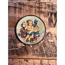 Vintage Cherub Wall Plaque 3D Relief Angel with Flowers Religious Decor