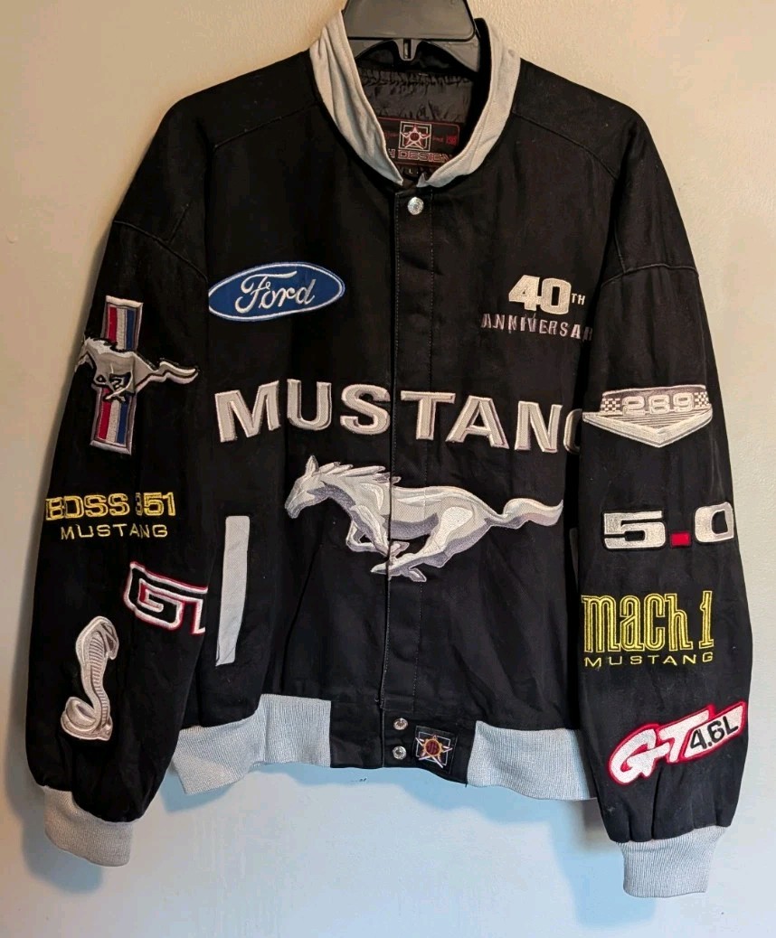 Vtg 40th JH Design Ford Mustang Racing Jacket Mens Large Black Embroidered READ!