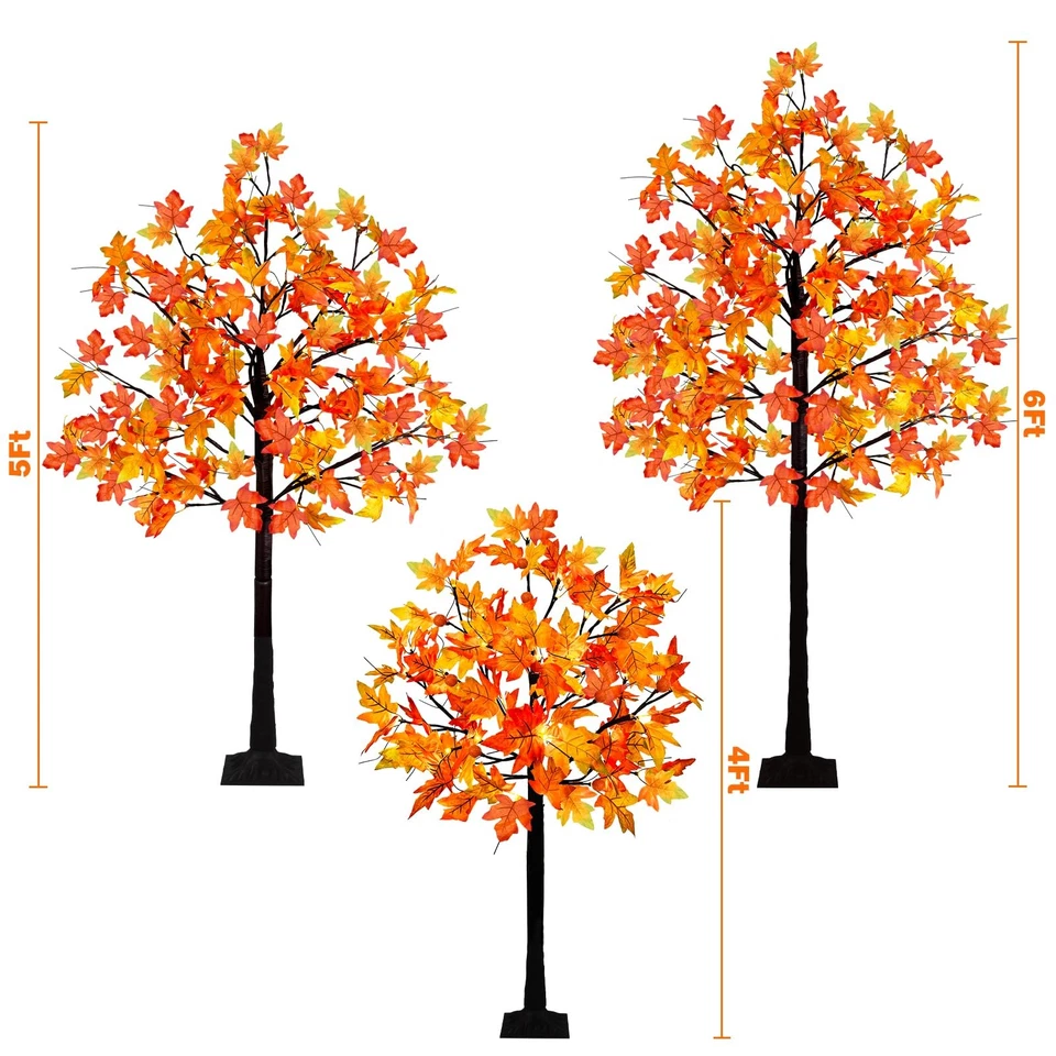 Paquete de 3 árboles de arce iluminados, 4 pies 5 pies 6 pies árbol de caída artificial con 216 luces a... Foto 4 de 4