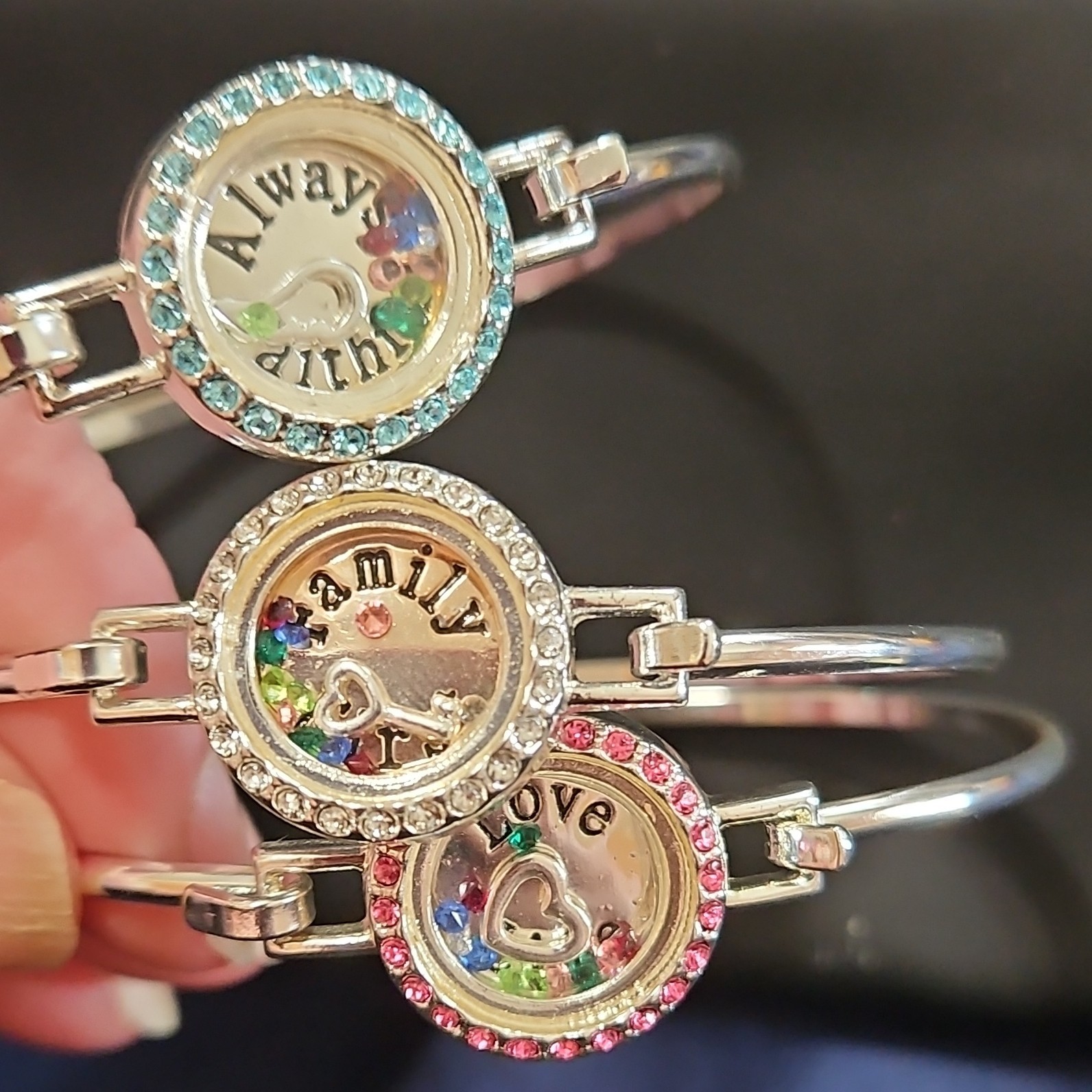 Silver Tone Stackable Rhinestone Floating Charm Bangle Bracelets Set of 3