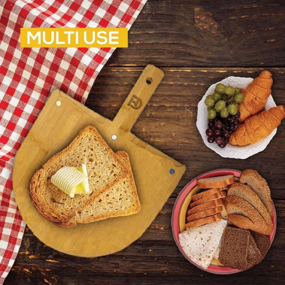 Cáscara de pizza de bambú natural premium con juego de espátula cortador magnético Foto 4 de 4